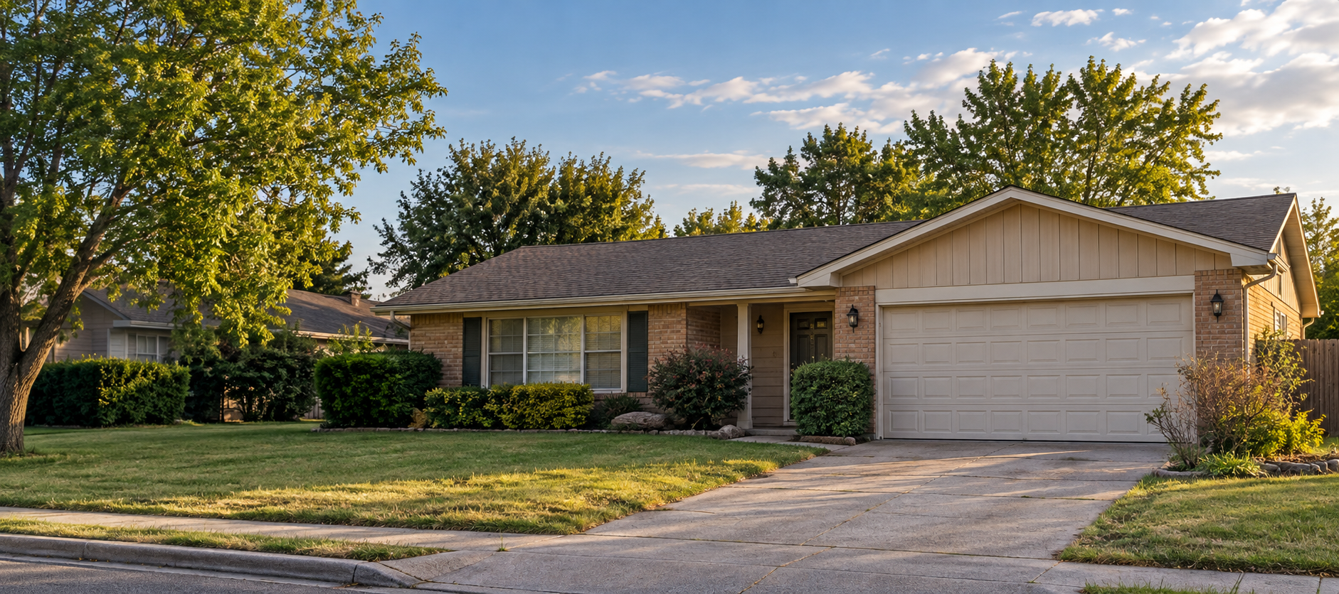 Modest split-level single-family home with a front lawn on a quiet neighborhood street